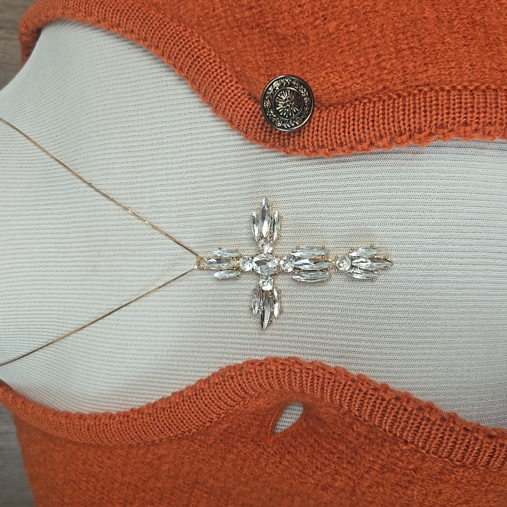 Crystal Cross Pendant Necklace – Gold Tone | Cubic Zirconia Statement Piece - Picture 6 of 8